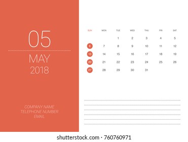 May 2018 desk calendar vector illustration, simple and clean design.