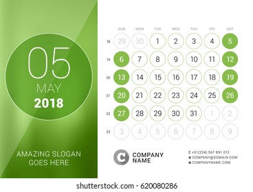 May 2018. Desk Calendar for 2018 Year. Vector Design Print Template. Week Starts on Sunday. Calendar Grid with Week Numbers