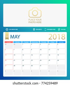 MAY 2018, illustration vector calendar or desk planner, weeks start on Sunday, size of paper for printing A4. Blue is a green color.