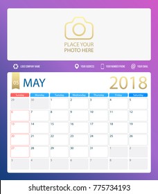 MAY 2018, illustration vector calendar or desk planner, weeks start on Sunday, size of paper for printing A4. Dark blue Violet color.