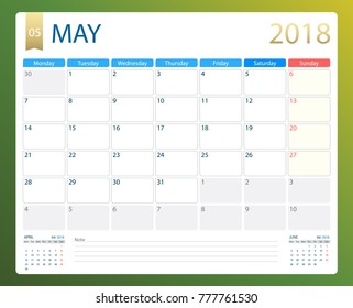 MAY 2018, illustration vector calendar or desk planner, weeks start on Monday, size of paper for printing.