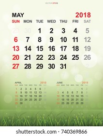 May 2018 - Monthly calendar template 2018 year in simple. Week starts from Sunday. With grass field and light blurred bokeh background. Vector illustration.