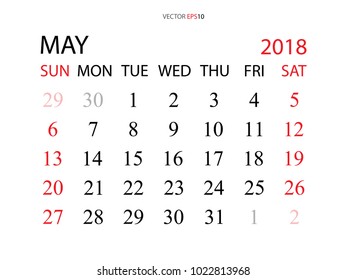 May 2018. Vector monthly calendar template 2018 year in simple style for template design. Week starts from Sunday.