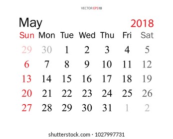 May 2018. Vector monthly calendar template 2018 year in simple style for template design. Week starts from Sunday.