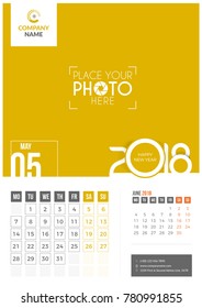 May 2018. Wall Calendar 2018. 2 Months on Page. Vector Design. Template with Place for Photo and Company Logo