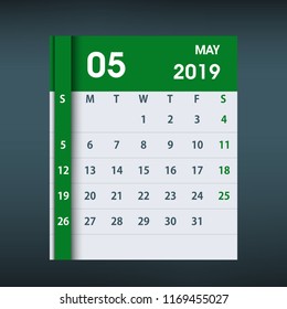 May 2019 Calendar Leaf. Flat design. Monthly calendar design template. Week starts on Sunday. Business vector illustration.