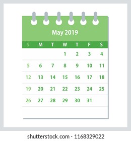 May 2019 Calendar Leaf. Monthly calendar design template. Week starts on Sunday. Business vector illustration.