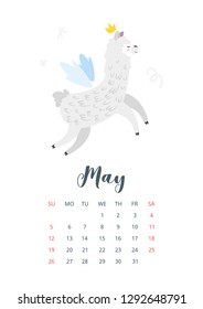 May 2019 calendar page. Cute lama. Alpaca animal with wings and golden crown. Vector illustration, isolated on white background.