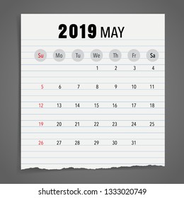 Página del calendario de mayo de 2019. Ilustración vectorial.