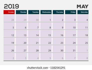 May 2019. Calendar planner design template. Week starts on Sunday. 
