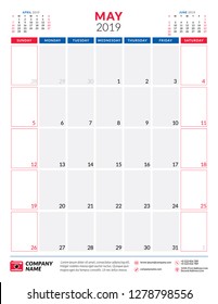 May 2019. Calendar planner stationery design template. Portrait orientation. Week starts on Sunday