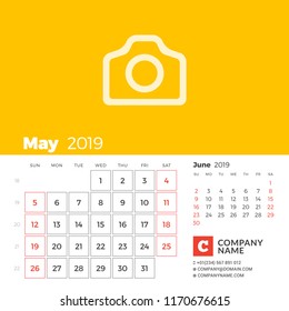May 2019. Calendar for 2019 year. Week starts on Sunday. 2 months on page. Vector design print template with place for photo and company information