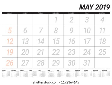 May 2019 desk calendar vector illustration, simple and clean design.