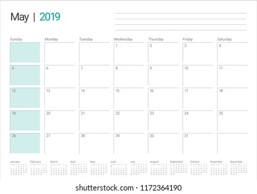 May 2019 desk calendar vector illustration, simple and clean design.