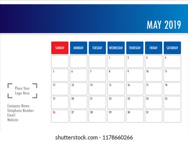 May 2019 desk calendar vector illustration, simple and clean design. 
