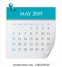 May 2019 monthly calendar vector illustration, simple and clean design. 