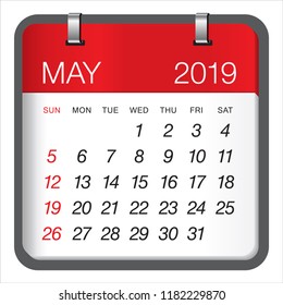 May 2019 monthly calendar vector illustration, simple and clean design. 