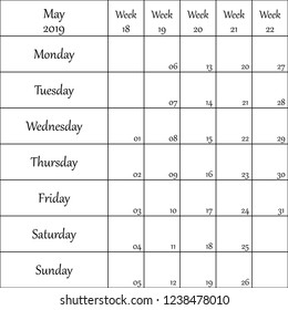 May 2019 Planner with number for each Weak