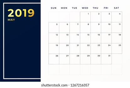 May 2019 schedule template. Week starts on sunday empty calendar month