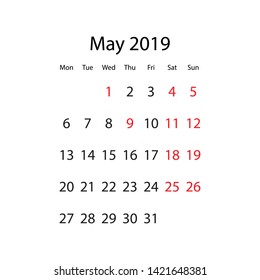 May 2019 Vector Calendar, New Design