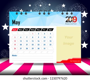 May 2019. Wall calendar planner template. Vector design print template with place for photo. Week starts on Sunday