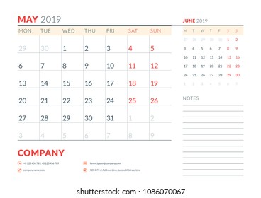 May 2019. Week starts on Monday. Calendar planner stationery design template. Vector illustration