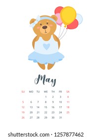 May 2019 year calendar page with cute teddy bear in skirt, holding balloons. Vector cartoon style illustration. Template for print. Vertical layout.