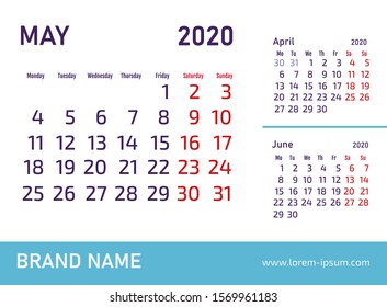 May 2020 Calendar Design. Vector template