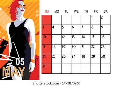 May. 2020 Calendar with fashion girl in Pop art style.