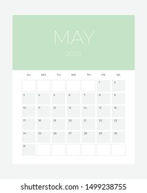 May - 2020 Calendar - illustration. Template. Mock up Week starts Sunday