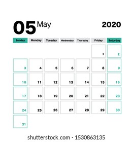May 2020 calendar leaf. Week starts on Sunday. Printable vector stationery design template