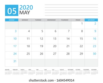 MAY 2020 calendar planner set for template corporate design week start on Sunday. desk calendar 2020 design, simple and clean design, 12 months yearly calendar set vector layout