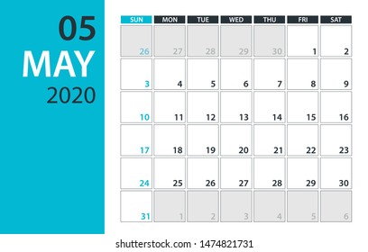 May 2020 Calendar Planner - vector illustration. Template. Mock up.