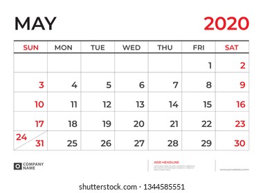 May 2020 Calendar template, Desk calendar layout  Size 9.5 x 6.5 inch, planner design, week starts on sunday, stationery design, vector Eps10