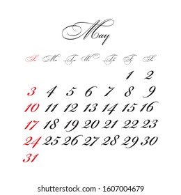 May 2020 Calendar vector with calligraphic font