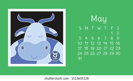 May 2020. Calendar. Zodiac sign: taurus. Vector horoscope. Astrological calender. Color design
