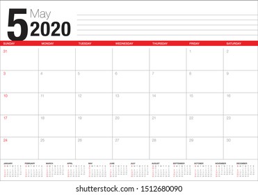 May 2020 desk calendar vector illustration, simple and clean design. 
