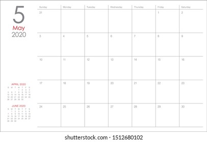 May 2020 desk calendar vector illustration, simple and clean design. 
