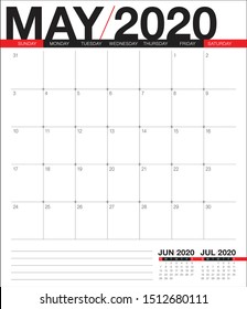 May 2020 desk calendar vector illustration, simple and clean design. 
