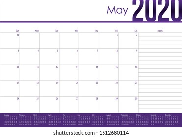 May 2020 desk calendar vector illustration, simple and clean design. 
