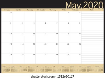 May 2020 desk calendar vector illustration, simple and clean design. 
