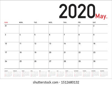 May 2020 desk calendar vector illustration, simple and clean design. 
