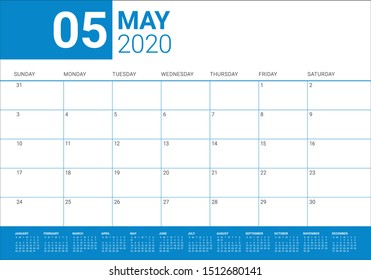 May 2020 desk calendar vector illustration, simple and clean design. 
