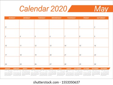 May 2020 desk calendar vector illustration, simple and clean design. 
