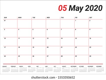 May 2020 desk calendar vector illustration, simple and clean design. 
