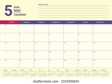 May 2020 desk calendar vector illustration, simple and clean design. 
