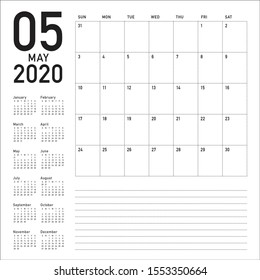 May 2020 desk calendar vector illustration, simple and clean design. 
