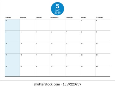 May 2020 desk calendar vector illustration, simple and clean design. 
