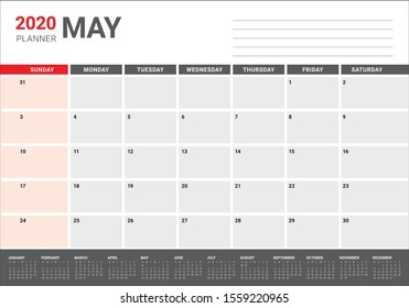 May 2020 desk calendar vector illustration, simple and clean design. 
