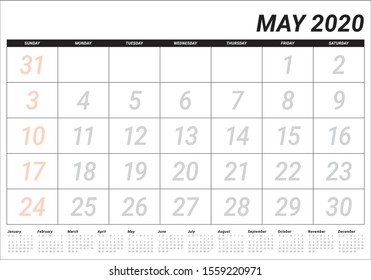 May 2020 desk calendar vector illustration, simple and clean design. 
